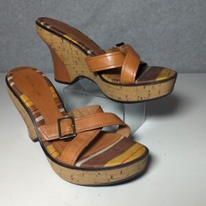 Enzo Angiolini Womens Strappy Wedge Cork Leather Sandals Platform 8.5M Brown Y2K